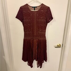 BCBGMaxAzria Asymmetrical Lace Dress in Deep Red